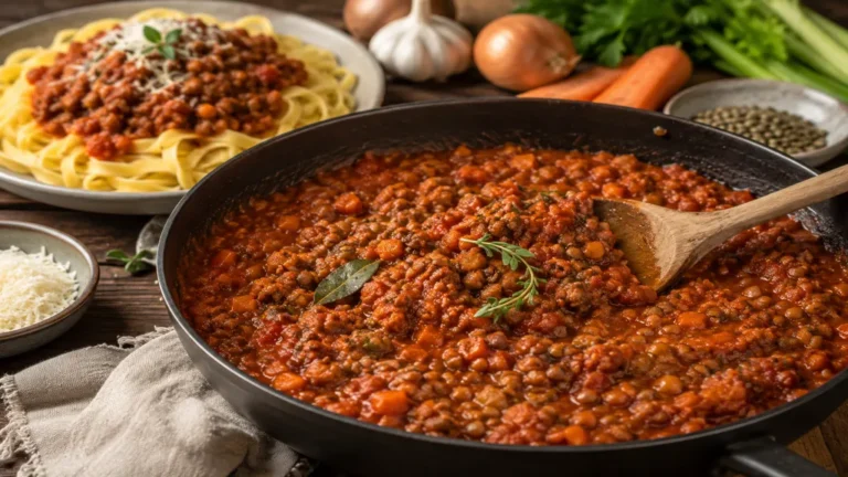 Bolognaise végétarienne aux lentilles mijotée dans une sauce tomate avec pâtes fraîches et légumes.