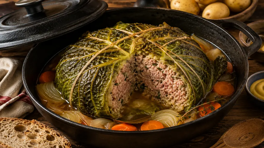 Chou farci en cocotte avec farce traditionnelle, carottes, oignons et bouillon parfumé dans une cocotte en fonte.