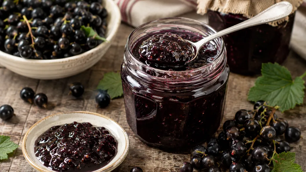 Confiture de cassis maison en pot avec cassis frais et cuillère sur une table rustique.
