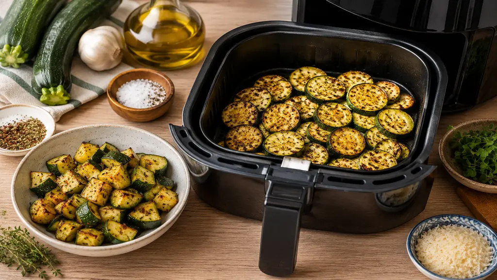 Courgettes au airfryer dorées avec huile d’olive, ail, herbes de Provence et parmesan sur une table de cuisine.