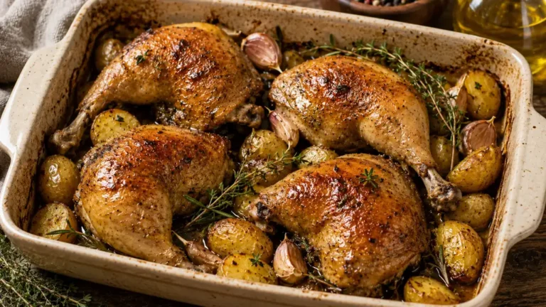 Cuisse de pintade au four dorée avec pommes de terre, ail et herbes aromatiques dans un plat familial.