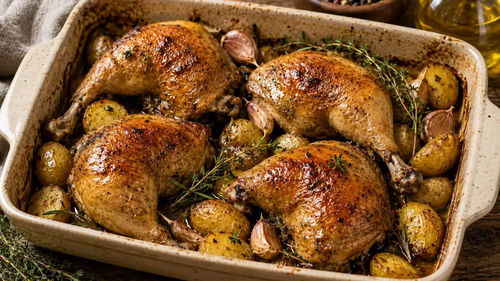Cuisse de pintade au four dorée avec pommes de terre, ail et herbes aromatiques dans un plat familial.