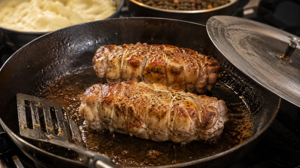 Crépinette de porc dorée à la poêle avec accompagnements simples en cuisine maison.