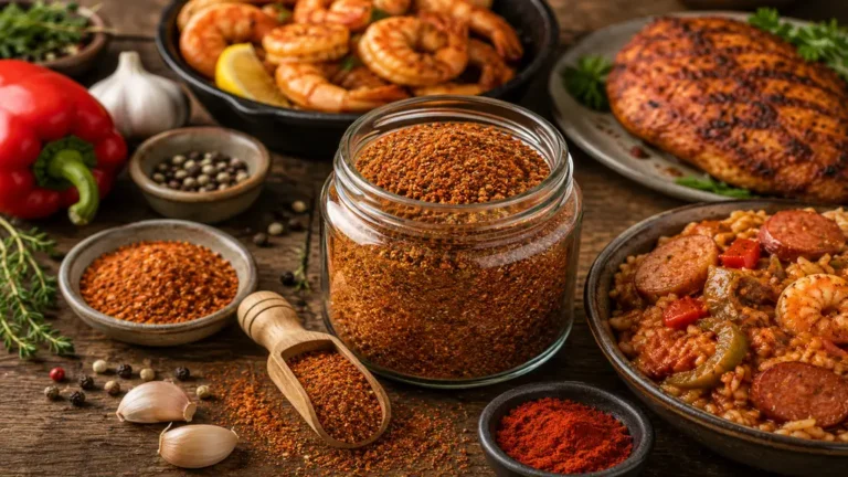 Épices cajuns maison dans un bocal avec paprika, ail, poivre, crevettes et plats épicés de Louisiane.