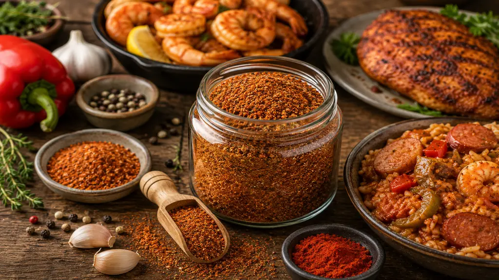 Épices cajuns maison dans un bocal avec paprika, ail, poivre, crevettes et plats épicés de Louisiane.