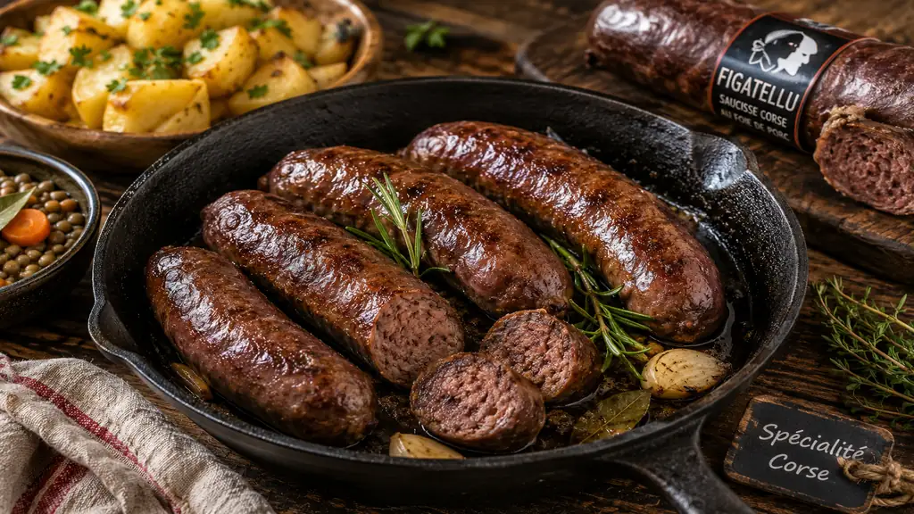 Figatellu corse grillé à la poêle avec pommes de terre rôties, lentilles, herbes fraîches et ail sur une table rustique.