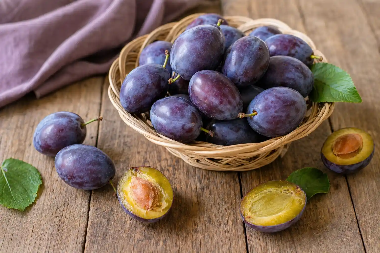 Panier de quetsches fraîches posées sur une table en bois avec quelques fruits coupés montrant leur chair jaune