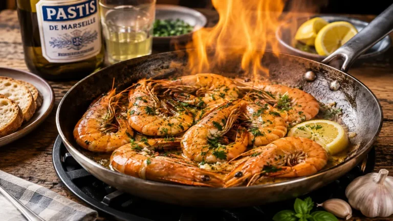 Gambas flambées au pastis dans une poêle chaude avec ail, citron, herbes fraîches et sauce anisée.