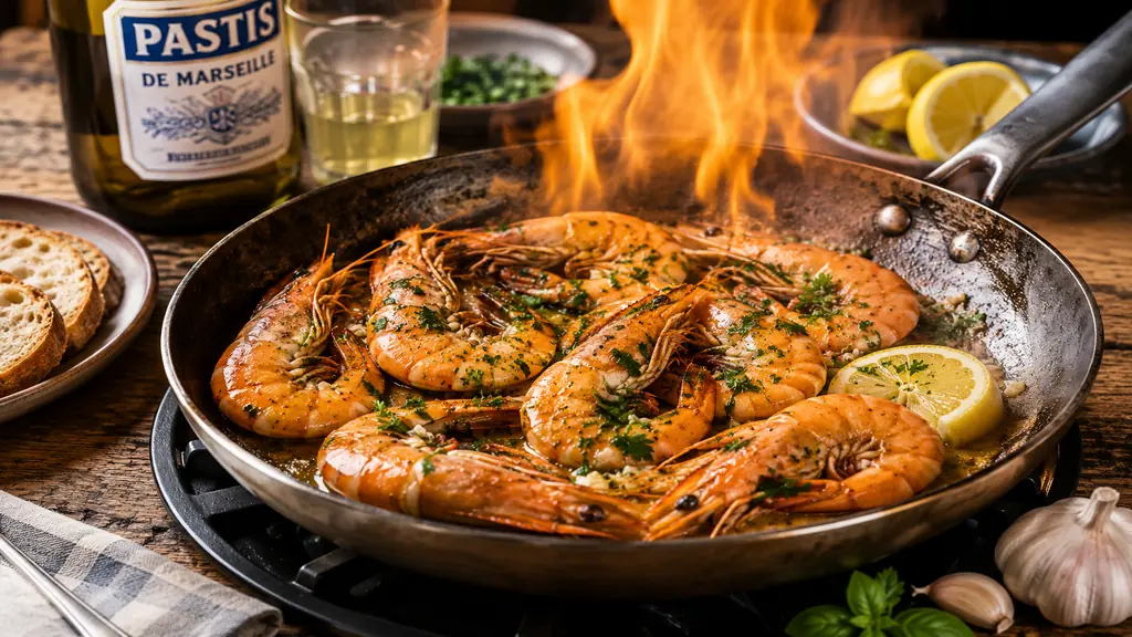 Gambas flambées au pastis dans une poêle chaude avec ail, citron, herbes fraîches et sauce anisée.