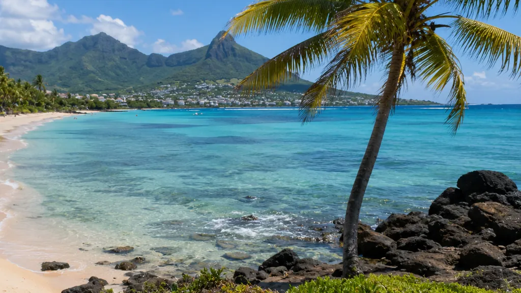 Plage tropicale à l’île Maurice avec lagon turquoise, rochers et palmiers dans une zone de baignade à surveiller.