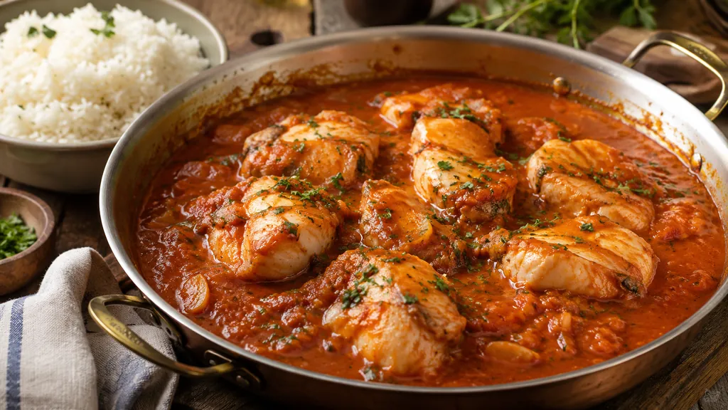 Lotte à l’armoricaine façon grand-mère mijotée dans une sauce tomate au vin blanc avec riz et herbes fraîches.
