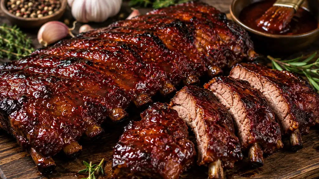 Ribs de porc marinés et caramélisés avec sauce barbecue brillante, ail et herbes sur une planche en bois.