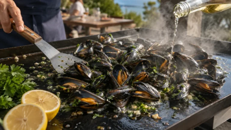 Moules à la plancha avec ail, persil, citron et vin blanc en cuisson estivale.