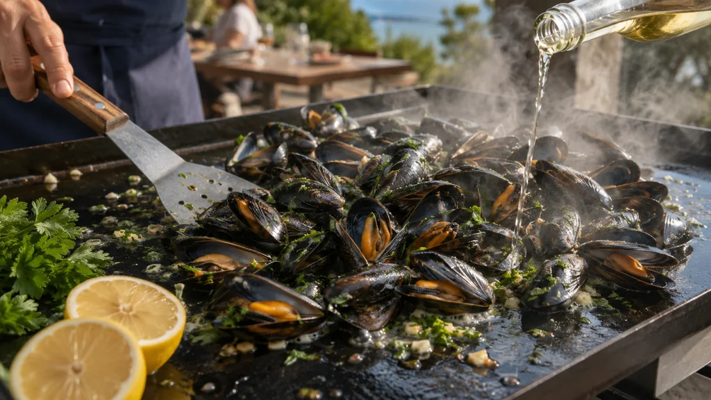 Moules à la plancha avec ail, persil, citron et vin blanc en cuisson estivale.