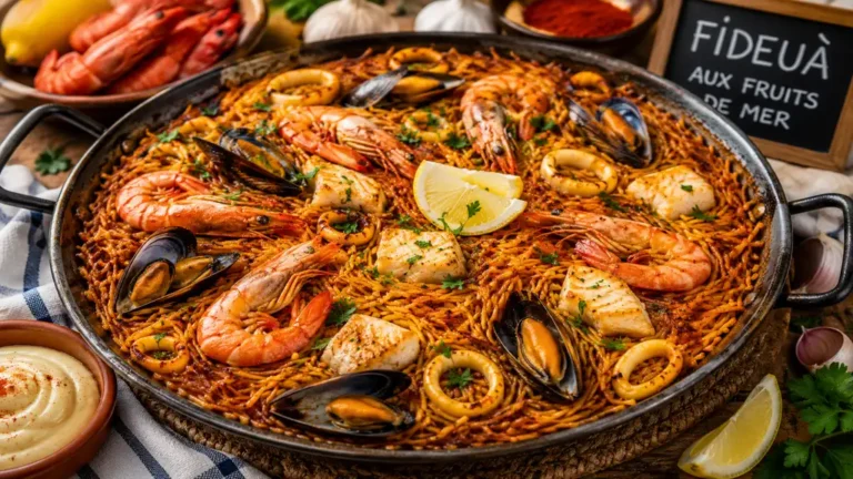 Fideuà aux fruits de mer servie dans une poêle avec gambas, moules, calamars, poisson et citron.