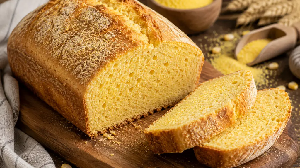 Pain au maïs maison doré et tranché sur une planche en bois avec farine de maïs.