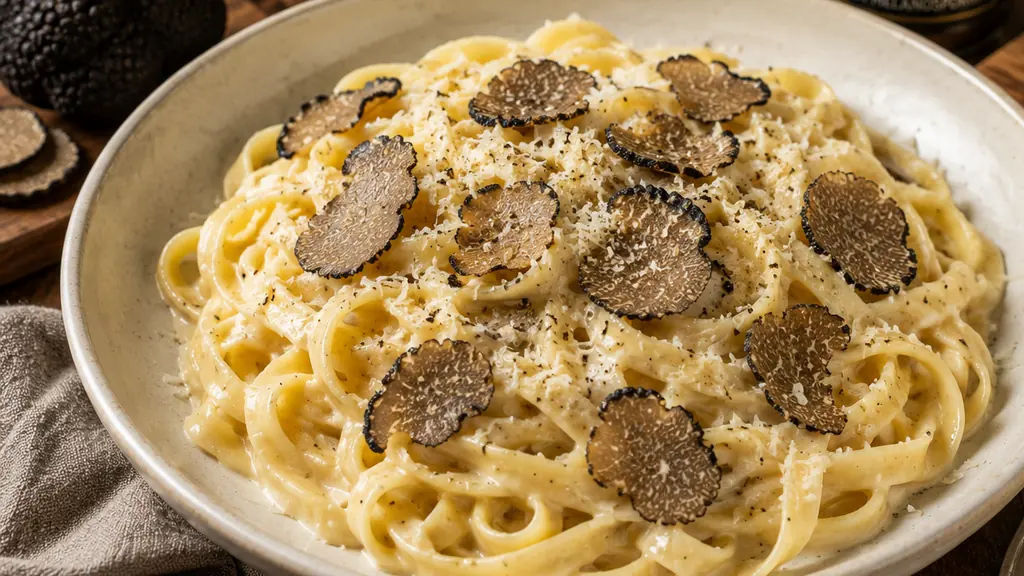 Pâtes à la truffe crémeuses servies avec parmesan râpé et fines lamelles de truffe noire.