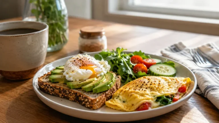 Petit déjeuner salé healthy avec tartine avocat œuf poché, omelette aux légumes, salade et café sur une table en bois.