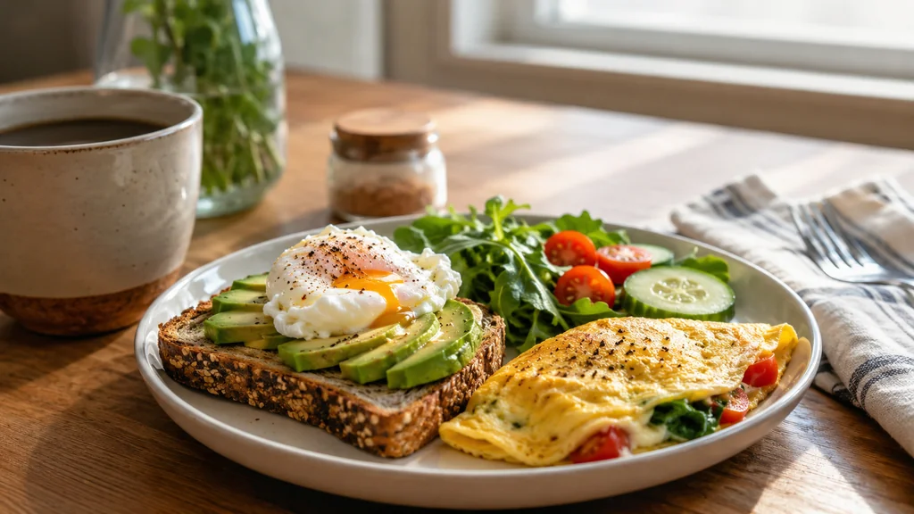 Petit déjeuner salé healthy avec tartine avocat œuf poché, omelette aux légumes, salade et café sur une table en bois.