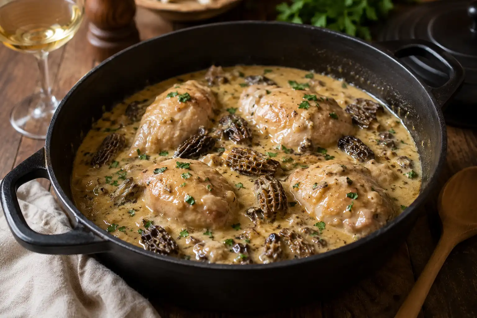 Poulet au vin jaune préparé la veille dans une cocotte avec sauce crémeuse aux morilles et vin jaune du Jura
