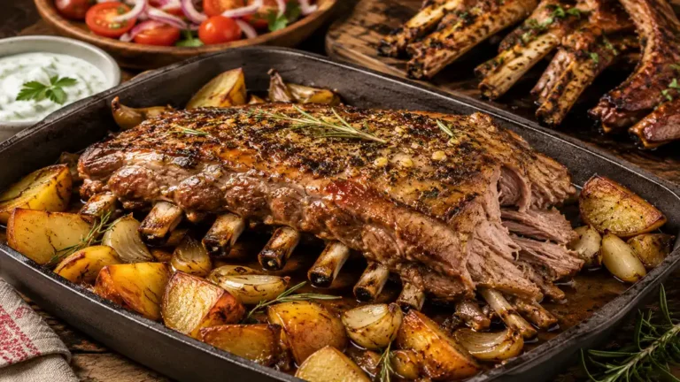 Poitrine d’agneau rôtie au four avec pommes de terre, oignons confits, herbes de Provence et jus de cuisson.