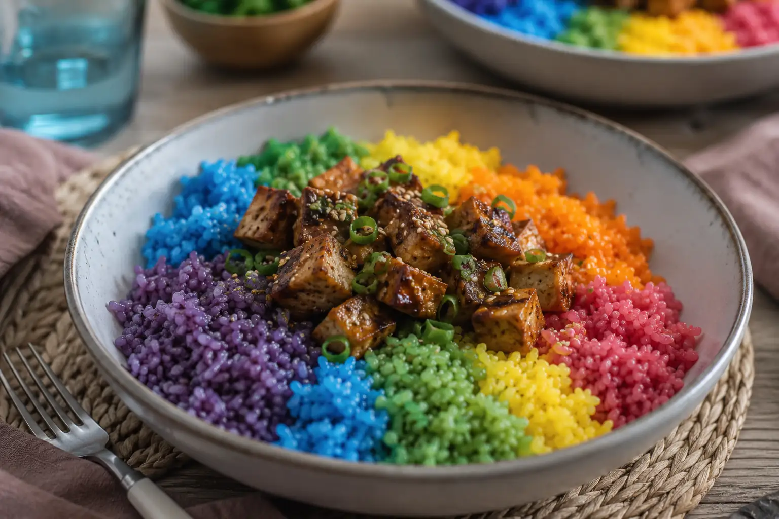 Bol de Pride Rice coloré avec tofu grillé, riz arc-en-ciel et garniture aux herbes fraîches
