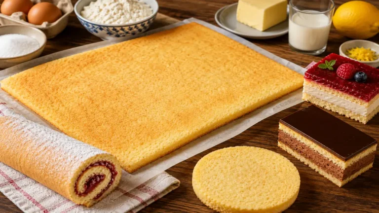 Biscuit madeleine moelleux en plaque avec roulé garni, bases d’entremets, beurre, œufs, farine et citron sur une table de pâtisserie.