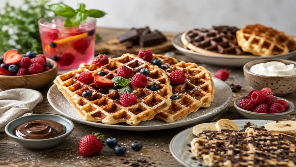 Recette ChicChew.fr avec gaufres maison croustillantes, fruits rouges, chocolat noir et cocktail sans alcool sur une table gourmande chaleureuse