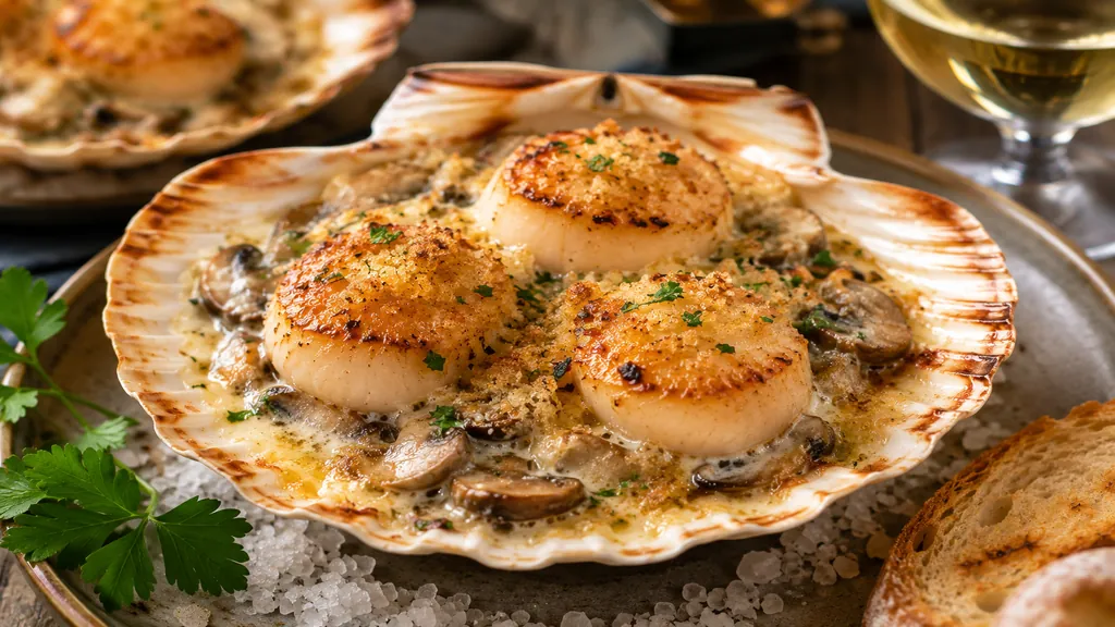 Recette coquille Saint-Jacques à la bretonne aux champignons gratinée avec crème, chapelure dorée et persil frais.