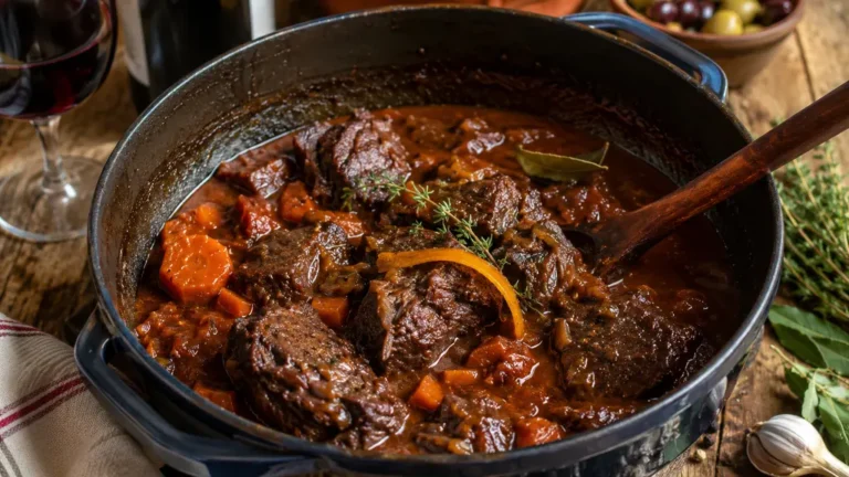 Daube provençale traditionnelle mijotée en cocotte avec bœuf, carottes, vin rouge et herbes aromatiques.