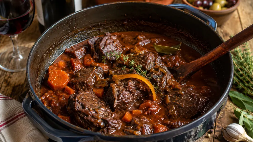 Daube provençale traditionnelle mijotée en cocotte avec bœuf, carottes, vin rouge et herbes aromatiques.