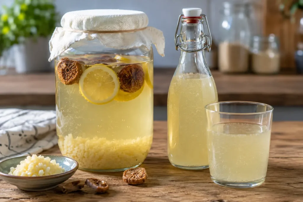 Bocal de kéfir de fruits maison en fermentation avec citron, figues sèches et boisson pétillante dans une cuisine réaliste