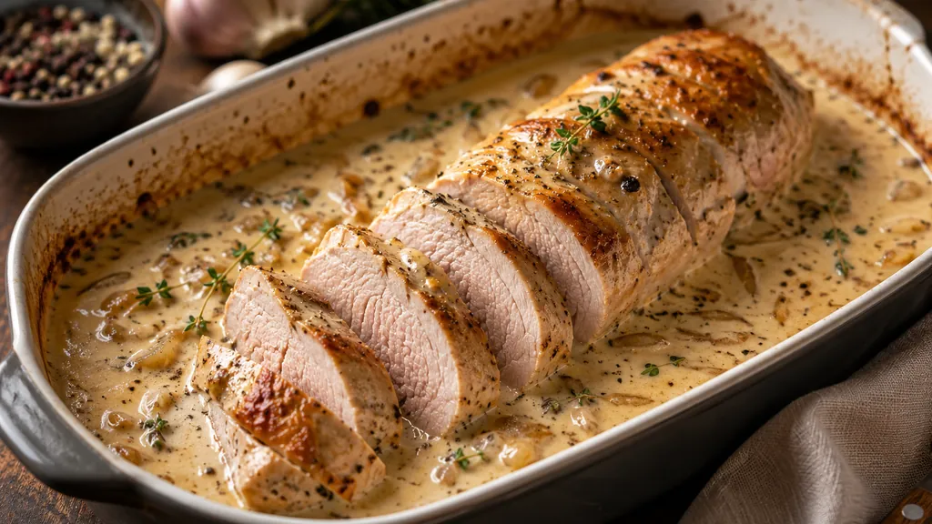 Filet mignon de porc au four à la crème servi dans un plat familial avec sauce onctueuse aux herbes.
