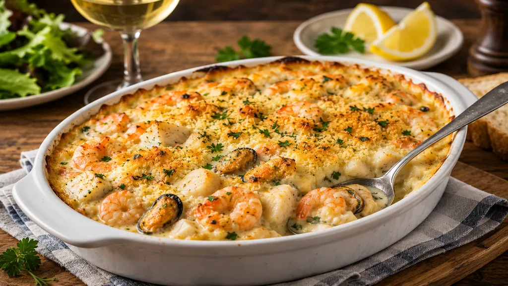 Gratin de fruits de mer doré au four avec crevettes, moules, noix de pétoncle, poisson blanc et chapelure croustillante.