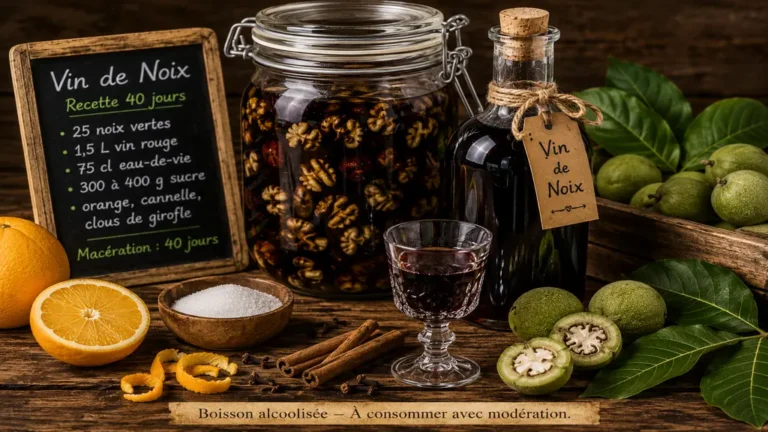 Vin de noix 40 jours maison avec noix vertes, orange, cannelle, sucre et bouteille de liqueur sur une table rustique.