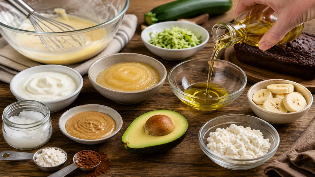 Alternatives au beurre pour gâteau avec huile végétale, compote, yaourt, banane, avocat et purée d’amande sur une table de cuisine.