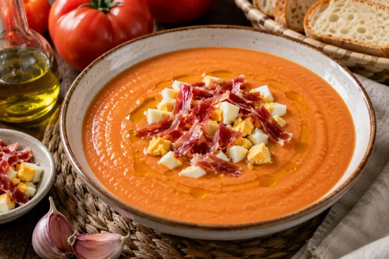Bol de salmorejo andalou garni de jambon serrano, œuf dur et huile d’olive sur une table rustique espagnole