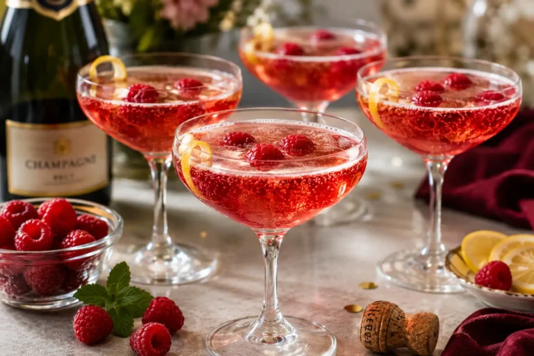 Coupes de soupe de champagne à la framboise avec bulles fines, citron et fruits rouges sur une table de fête élégante
