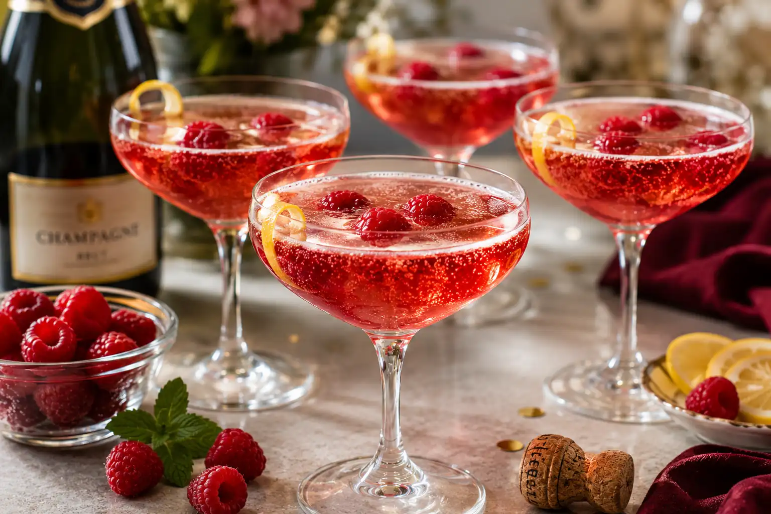 Coupes de soupe de champagne à la framboise avec bulles fines, citron et fruits rouges sur une table de fête élégante