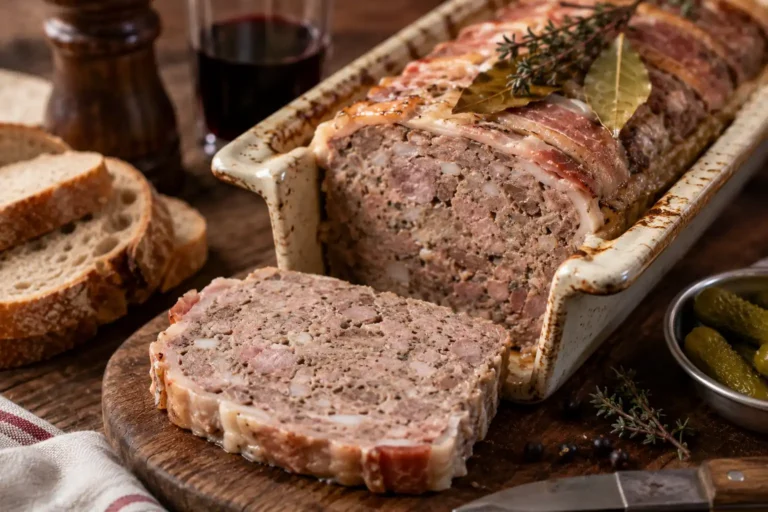 Terrine de sanglier maison tranchée avec pain de campagne, cornichons et herbes sur une table rustique chaleureuse
