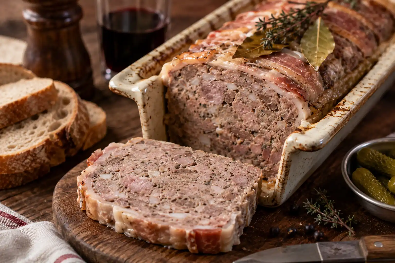 Terrine de sanglier maison tranchée avec pain de campagne, cornichons et herbes sur une table rustique chaleureuse