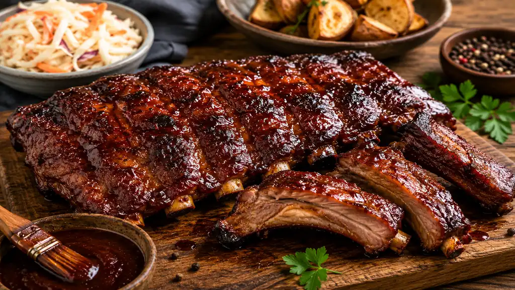 Travers de porc marinés caramélisés avec sauce barbecue, pommes de terre rôties et coleslaw sur une planche rustique.