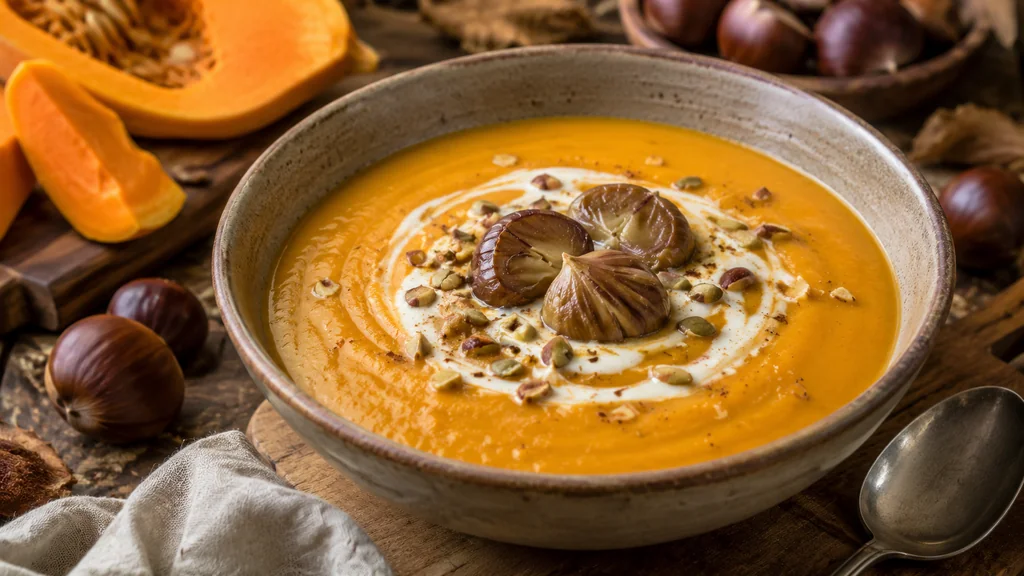 Velouté potimarron châtaigne maison servi dans un bol avec crème, châtaignes et graines croquantes.