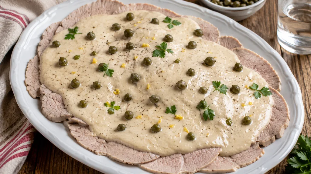 Vitello tonnato italien servi en fines tranches de veau avec sauce au thon, câpres et persil.