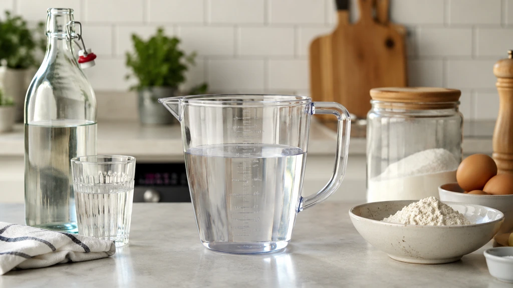 Verre doseur rempli d’eau dans une cuisine pour illustrer la conversion d’un litre en centilitres