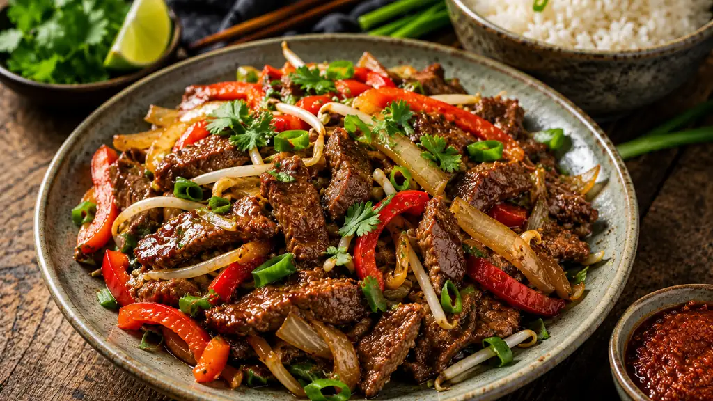 Bœuf saté sauté au wok avec poivrons, oignons, pousses de soja, herbes fraîches et riz jasmin.