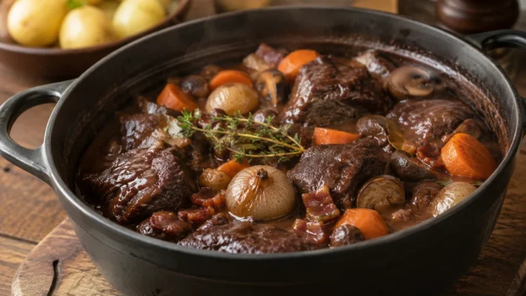 Bourguignon de sanglier mijoté au vin rouge avec carottes, champignons et petits oignons