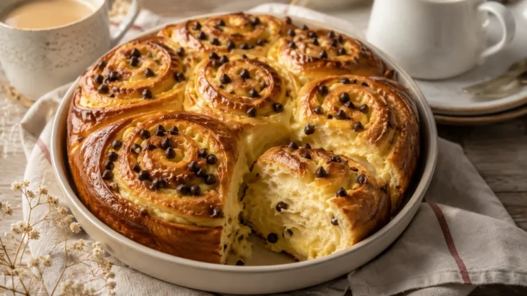 Brioche chinoise moelleuse roulée à la crème pâtissière et aux pépites de chocolat dans un moule rond