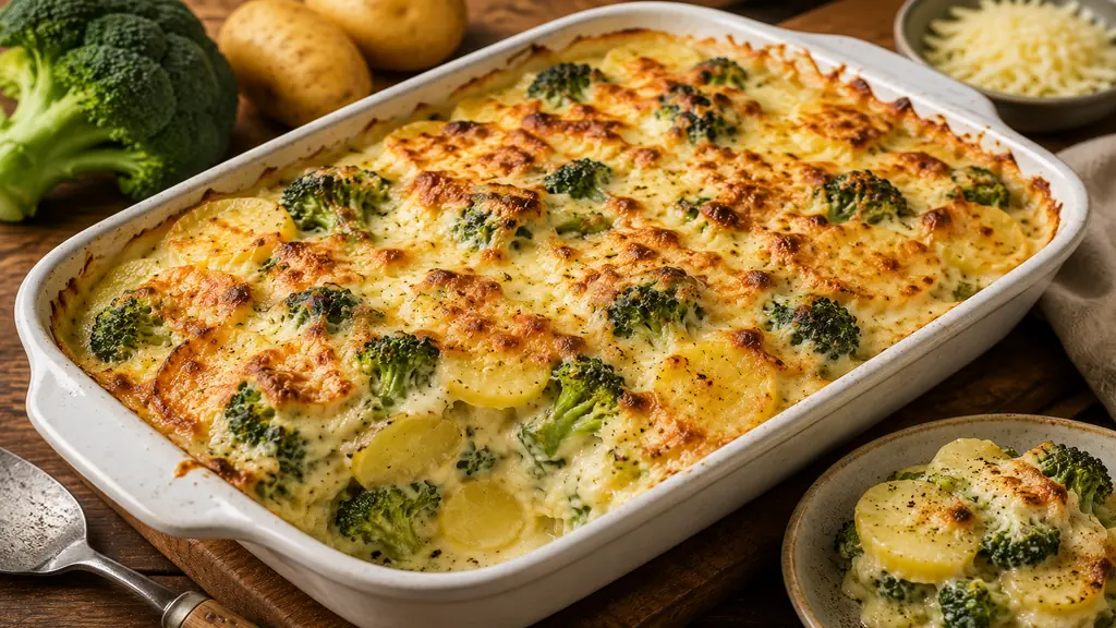 Gratin brocolis pomme de terre doré au fromage dans un plat familial