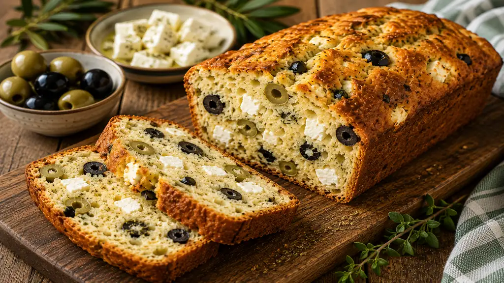 Cake olives feta maison avec herbes de Provence sur planche en bois